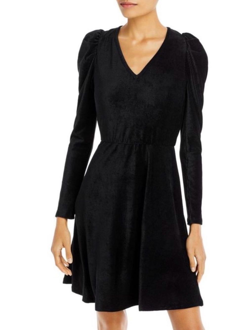 Aqua Black V-Neck Long Sleeve Puff Shoulder Dress Corduroy